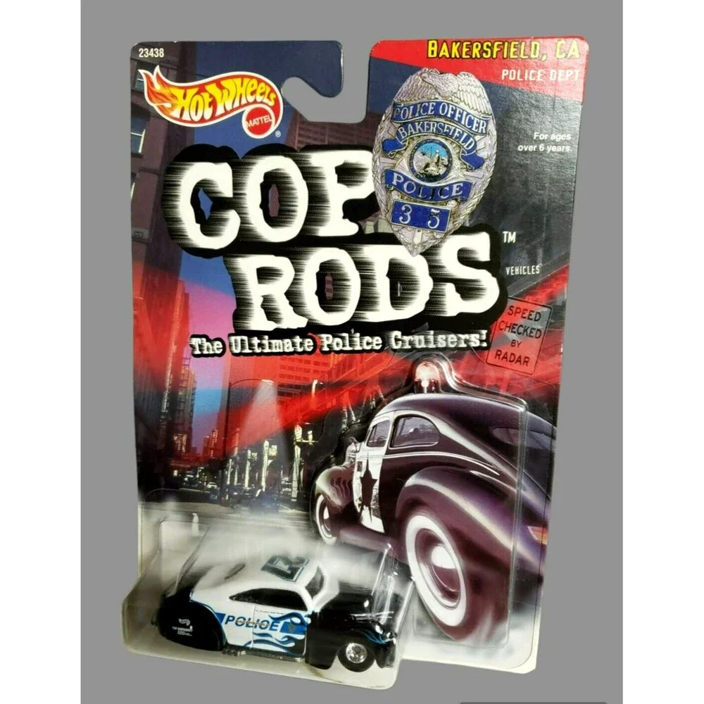 1999 Hot Wheels TAIL DRAGGER White & Back Cop Rods Bakersfield CA Police Cruiser